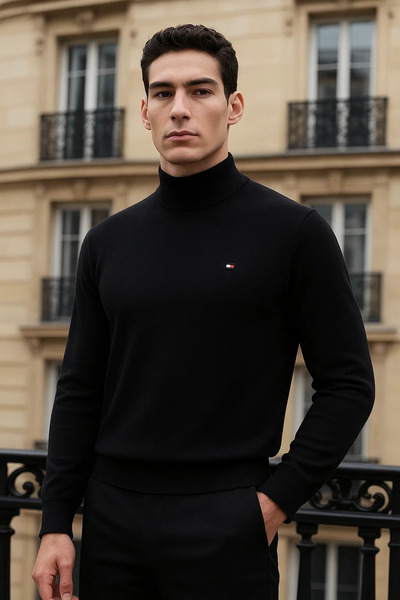 comstar Men's Trendy Winter Half-High Collar Black Knit Sweater