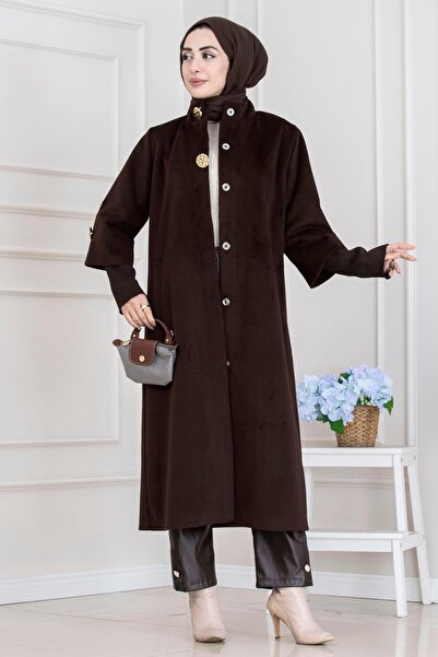 Sevitli Hakim Collar Brooch Button Detailed Coat-Aci Brown