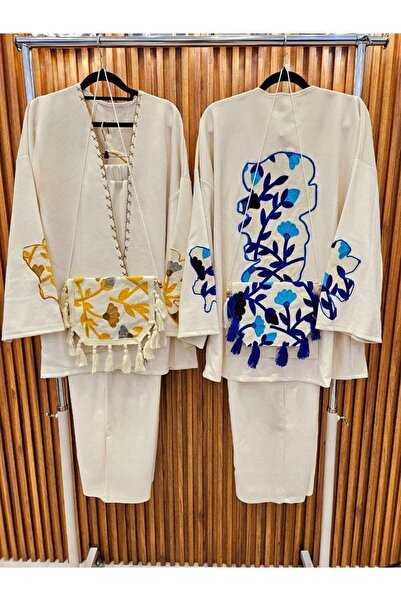 SWAN.AE Winter Two-piece set, pants and wide jacket with embroidery ,bag, suede, FREE SIZE UP TO 90 KG, Chic