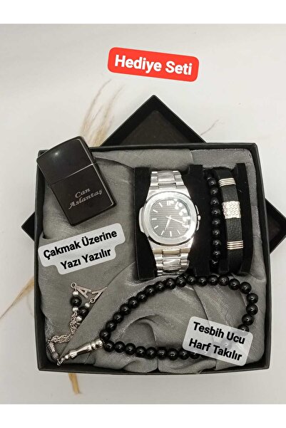 Brality ÖZEL Kutusunda Hediyelik Kombin Erkek Saat Seti-Çakmak-Tesbih-Bilekli...