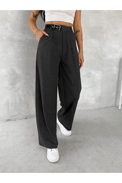 DeChival Women's Baggy Pants with Side Belt / Fabric Pants with Buckle Belt