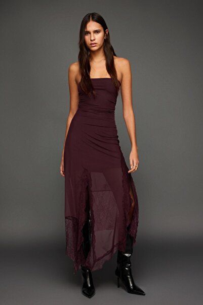 Bershka Asimetrik dantel tül bandeau midi elbise