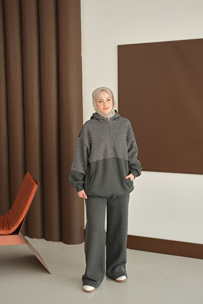 LOCCO Kadın Sweatı Pullu Takım Füme