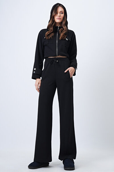 Trend Alaçatı Stili Women's Black Hooded Double Pocket Jacket and Elastic Waist Trousers Set Vs01710