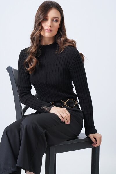 Trend Alaçatı Stili Women's Black Tulle Detailed D Mock Neck F Corded Fabric Knitwear Sweater Vs01692