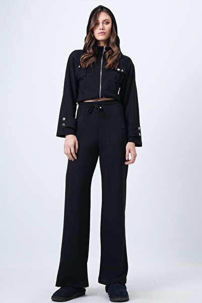 Trend Alaçatı Stili Women's Black Hooded Double Pocket Jacket and Elastic Waist Trousers Set Vs01710