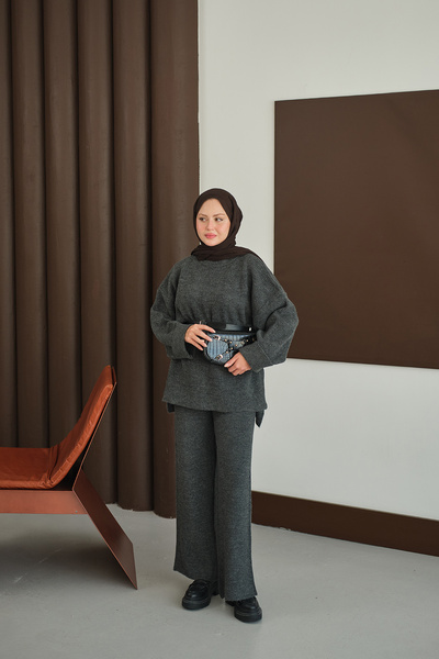 LOCCO Дамски комплект с еластична талия, плетен, антрацит