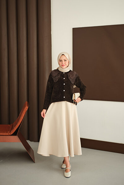 LOCCO Women's Lace Collar Tassel Cardigan Brown