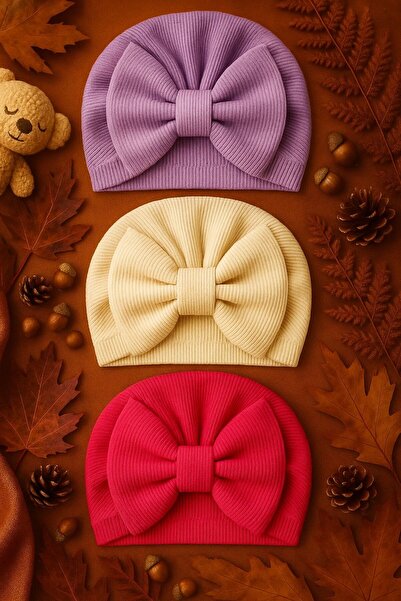 Pico Baby Fiyonklu Bebek Bone 3'lü Set- Krem/Mor / Fuşya