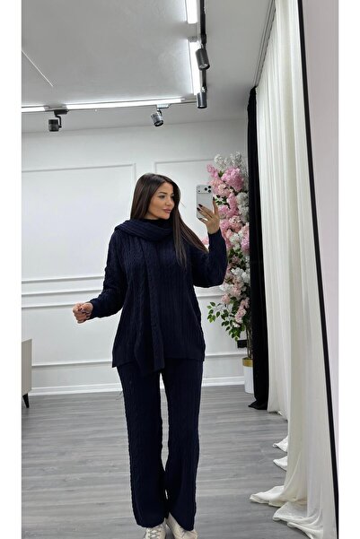 Daves Scarf Hair Knitwear 3-Piece Knitwear Set - Navy Blue