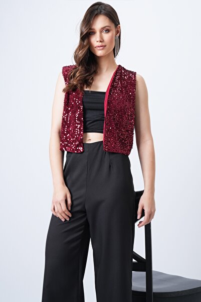 Trend Alaçatı Stili Women's Burgundy Sequin Lined Vest Vs01711