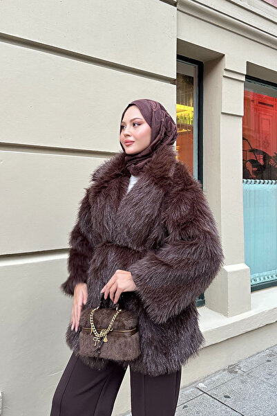 LOCCO Women's Glitter Detail Belted Coat Bitter Brown