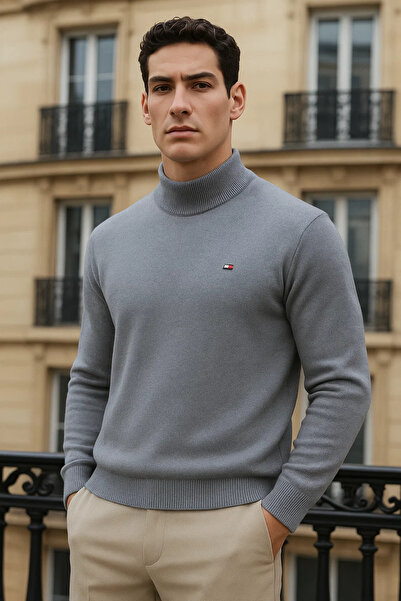 comstar Men's Trendy Winter Half-High Collar Gray Knit Sweater