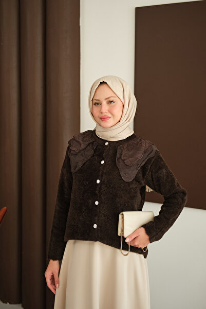 LOCCO Women's Lace Collar Tassel Cardigan Brown