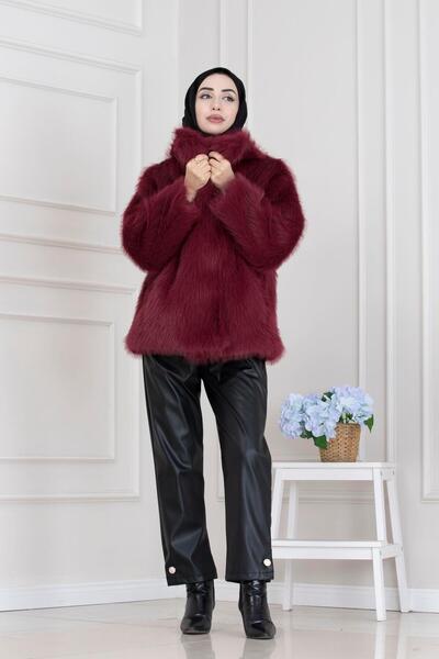 Sevitli Guler șal cu velcro din blană artificială-burgundy