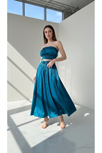 Eight Fashion Women's Satin Beige Color Elastic Waist Drawstring Long Skirt