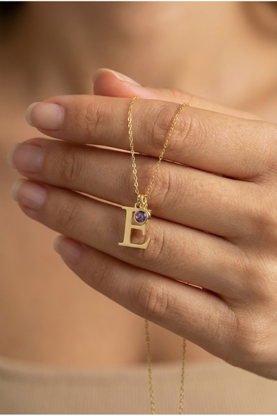 neshely jewelry 925 Ayar Orjinal Gümüş Kişiye Özel Harfli ve Doğum Taşlı Gold...
