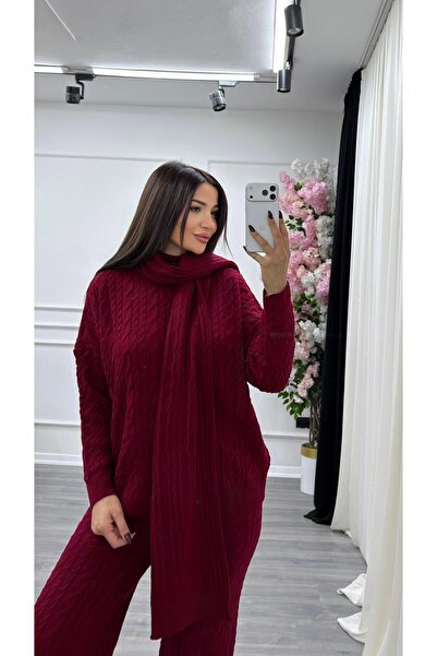 Daves Scarf Hair Braid 3-Piece Knitwear Set - Burgundy