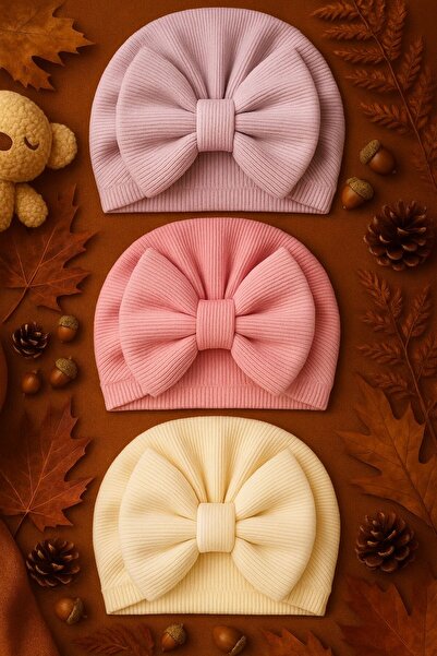 Pico Baby Fiyonklu Bebek Bone 3'lü Set- Krem/Mor/Pembe