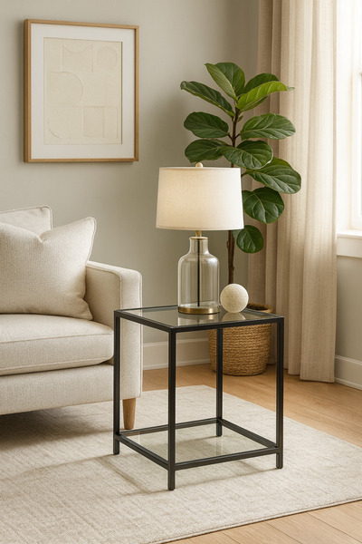 Trendmiz VELMARK Modern Loft Tarz 2 Katlı şeffaf Camlı Sehpa – Siyah Metal Gö...