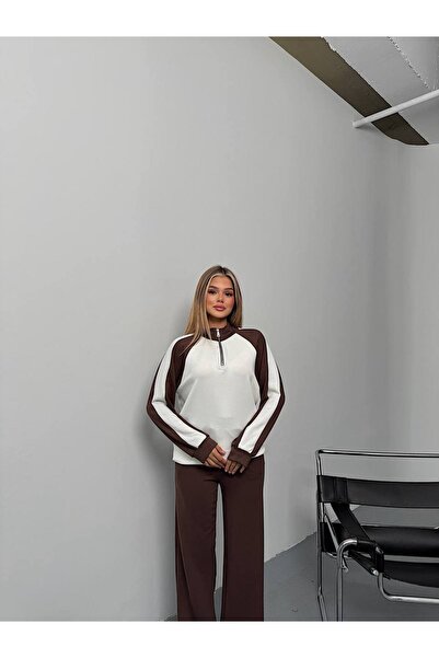 verabelle Women's Raglan Sleeve Mock Neck Color Block Two-Piece Suit with Trousers