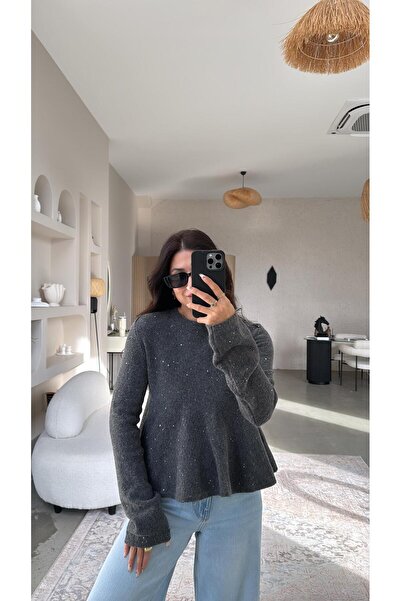 Buket Teke Anthracite Sequined Flared Soft Sweater