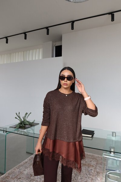 Özge Özgenç Altı Dantel Parçalı Fitilli Triko Bluz