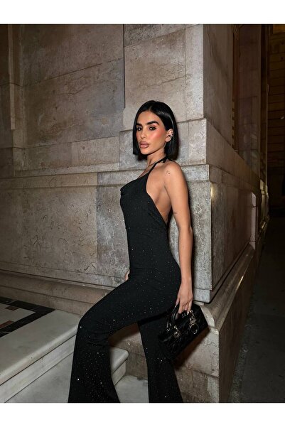 Paraf style Shiny Stone Embroidered Black Jumpsuit