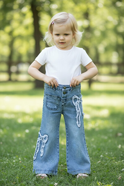 mini trends Kız çocuk pantolon denim kot fiyonk nakışlı