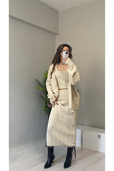 Butik Kadın saç örgü detaylı etek hırka crop üçlü triko takım -Bej