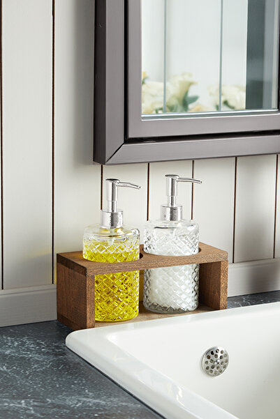 hapeed Tokyo Model Wooden Stand Glass Liquid Soap Dispenser Set of 2