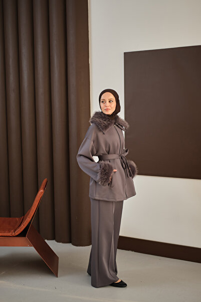 LOCCO Women's Suit with Fur Detail on Sleeves and Collar Anthracite