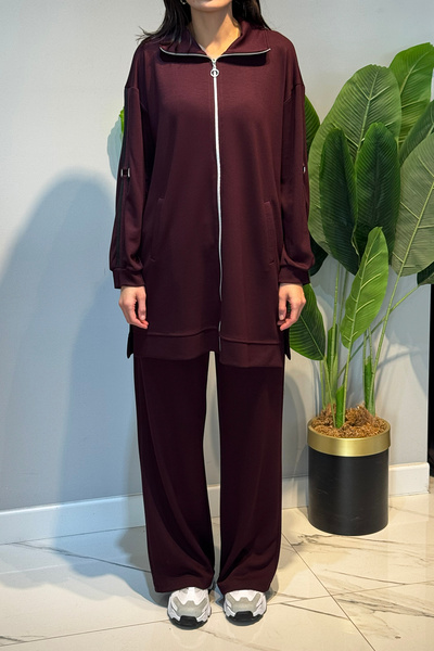Lale Butik Tunic Trousers Suit with Stripe Belt Detail on the Sleeves 2119 Burgundy