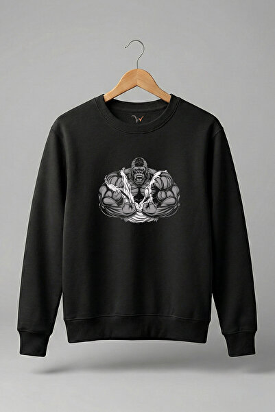 WİDİ Fitness Gym Sportist Gorilla cu imprimeu bumbac 100% Regular Fit guler rotund 3 İp Ş cu căptușeală din fleece Hanorac negru