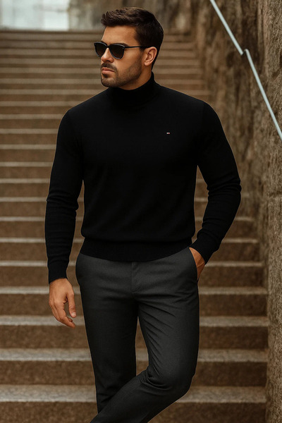 comstar Men's Half-Thigh Premium Black Knit Sweater