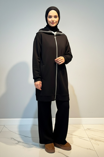 Lale Butik Sequin Detail Front Zipper Tunic Trousers Set 2120 Black