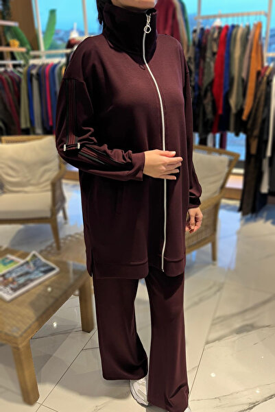 Lale Butik Tunic Trousers Suit with Stripe Belt Detail on the Sleeves 2119 Burgundy