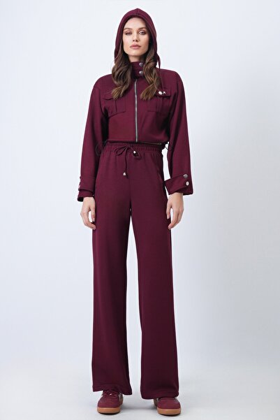 Trend Alaçatı Stili Women's Burgundy Hooded Double Pocket Jacket and Elastic Waist Trousers Set Vs01710
