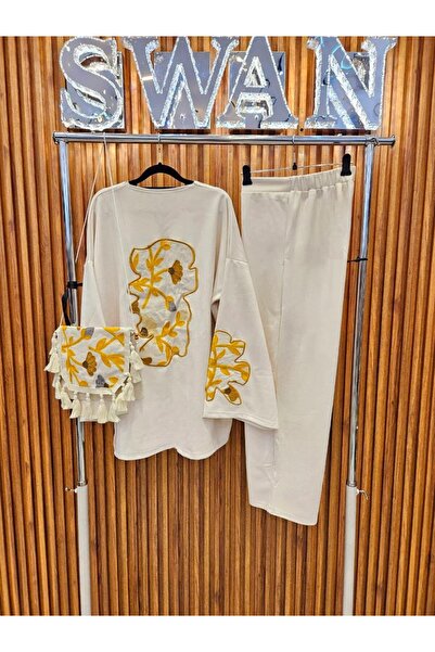 SWAN.AE Winter Two-piece set, pants and wide jacket with embroidery ,bag, suede, FREE SIZE UP TO 90 KG, Chic