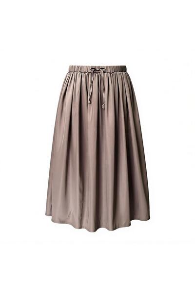 Eight Fashion Women's Satin Beige Color Elastic Waist Drawstring Long Skirt