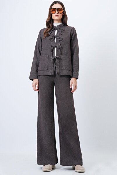 Trend Alaçatı Stili Women's brown washed tie-detail jacket and wide-leg pant set vs01688