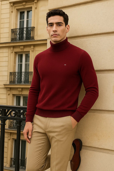 comstar Men's Trend Winter Half-High Collar Burgundy Knitwear Sweater