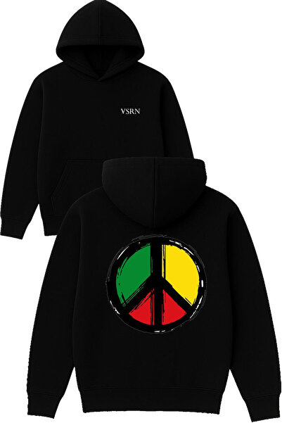 VSRN Hanorac negru supradimensionat cu glugă, imprimat cu design colorat