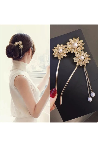 Pelin Aksesuar Gold Color Crystal Flower Bun Hairpin