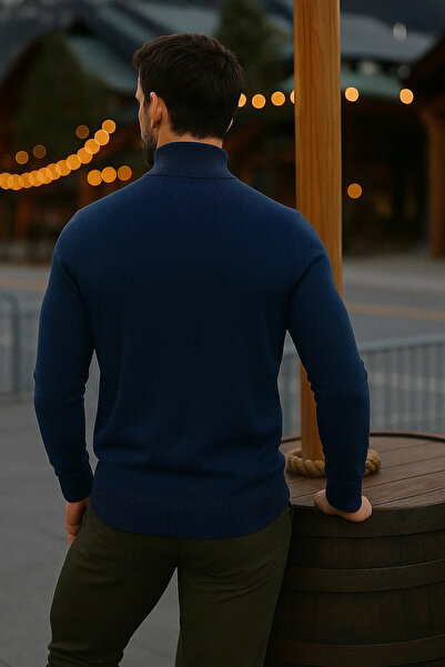 comstar Men's Basic Winter Half-High Collar Long Navy Blue Sweater