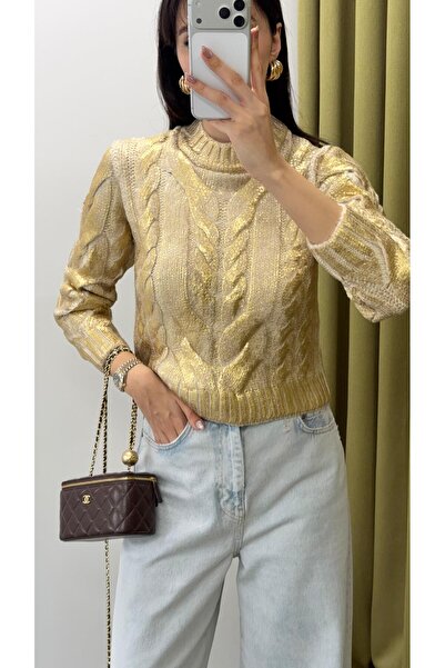 HAZELANNA Knitted Patterned Gold Sweater