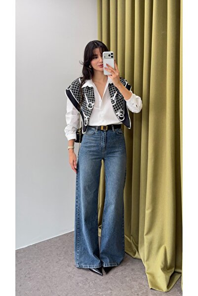 HAZELANNA واسعة الساق الجينز الأزرق