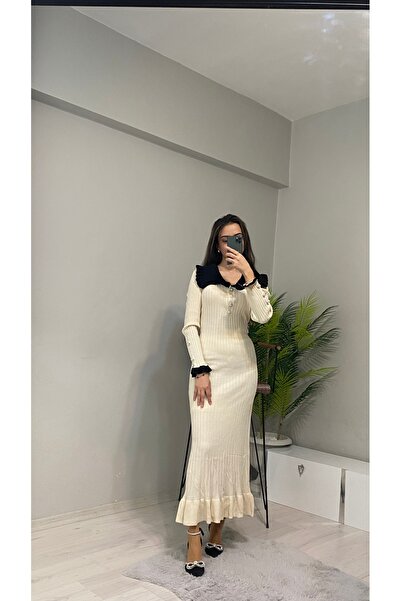 Butik Kadın Şık Yaka Detaylı Midi Boy Triko Elbise -bej
