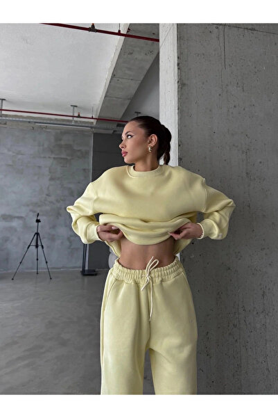 hibiscus 3 Thread Fleece-Lined Rubber Leg Sweatpants Yellow P510439