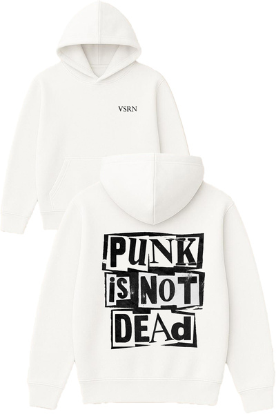 VSRN Hanorac alb supradimensionat cu glugă, imprimat cu textul „Punk Is Not D...
